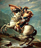 Portrait painting of a horse rearing-up at a 45-degree angle with a man sitting on it and pointing forwards with his right hand whilst holding onto the reins with his left