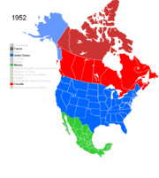 Map showing Non-Native American Nations Control over N America circa 1952