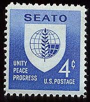 A picture of a U.S. postage stamp bearing the SEATO emblem