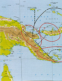 Topographic map of Papua New Guinea with arrows indicating an Allied advance along the northern coast towards the Admiralty Islands.