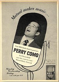 Photograph of a man singing, superimposed on an illustration of a microphone and accompanied by advertising copy, including the slogan "Mutual makes music...".