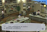 A teenage boy with blue hair sits at a desk in his school's library, studying. The dialogue box in the lower-third of the screen reads "You managed to solve a difficult problem!" The top-right area of the screen denotes that the date is June 8, the current time period is "After School", and the moon is full.