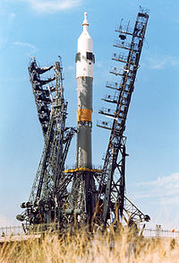 A Soyuz-U on the launch pad, ahead of the Soyuz 19 (ASTP) launch on 1975-07-15