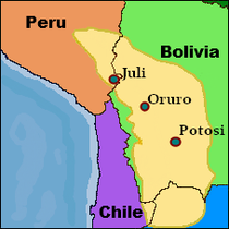 Location of the three Diablada places of origin. Altiplano region labeled as yellow on map.