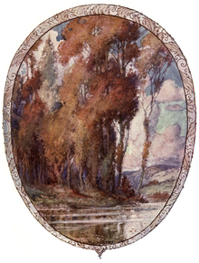Drawing of trees with orange and red leaves with a lake at the bottom and hills in the distance.
