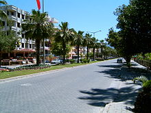A mostly empty stone-paved street with palm trees running down the central median. Five story buildings line the left side.