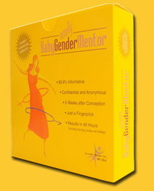 The Baby Gender packaging is a yellow box featuring a woman and the symbols for male and female gender
