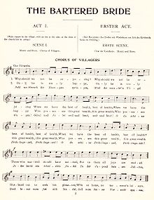 A page of sheet music shows a melody under the headings "THE BARTERED BRIDE", "ACT I.", "SCENE I.", and "CHORUS OF VILLAGERS".
