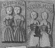 Two rectangular cakes, one showing two women apparently conjoined at the shoulder and one showing two women with their elbows touching and possibly conjoined. Each cake has the word "Biddenden" written above the women.