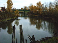 A stream about 40 feet (12 m) wide flows between raised banks lined with trees with yellow leaves. In a few places, wooden posts poke above the water. In the distance, a bridge crosses the stream.