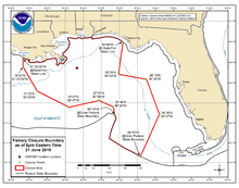 June 21, 2010 National Oceanic and Atmospheric Administration map of the Gulf of Mexico showing the areas closed to fishing.