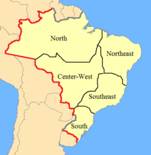A map showing Brazil in light yellow with thin black lines dividing it into five large regions and a thicker, multicolored line dividing the nation from its neighbors