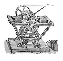   A larger motor with a cast iron frame and four coils. The rotor drives a belt drive to some other machine