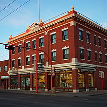 Brick commercial buildings along 97 Street in