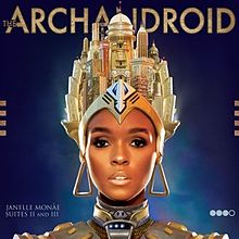 Image of an African American female shoulders up with headgear consisting of multiple buildings and sculptures whilst wearing large triangular earrings she looks into the camera with robotic style metallic shoulder-wear. The background of the image is blue with it darkening away from her head with the title placed across the top of the cover and her name and the words "Suites II and III" of the bottom left hand side whilst four circles three of which are shaded in are placed on the bottom right hand side.