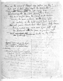 A white sheet of paper that is completely filled with a poem in cursive hand writing. A few of the words are scratched out with other words written above as corrections. Words can be partly seen from the other side of the page but they are illegible. A note midway down the page describes that it is an "Original manuscript of John Keats's Poem to Autumn."