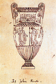 A fine-line drawing of an urn. It is tall, with high scrolled handles. Around the middle is a frieze of figures, of which four can be seen. From left to right, a naked man with a helmet and sword, a dancing woman in a flowing garment, a robed woman carrying a spear and a naked man with a cloak hanging from his shoulder. The drawing is inscribed "By John Keats".