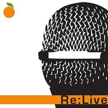 A stylized image of a black microphone is in the middle with a small orange at the top left corner. An orange border runs along the bottom with "Re: Live" written in black at the far right.