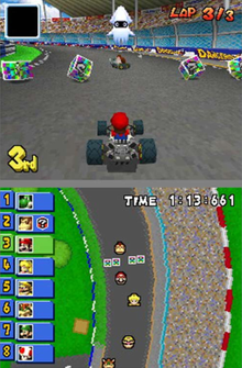 A video game screenshot with a racing kart on the top screen and a map of the race course on the bottom screen.