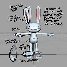 A screenshot of an anthropomorphized rabbit in a 3D model viewer. The image is annotated in pencil, with modifications drawn over the character to indicate required changes to ear position, arm length and feet shape.