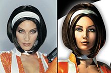 An image of model and actress Mitzi Martin, dressed as Cate Archer, alongside a rendered picture of Archer.
