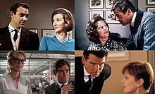 Sean Connery and Roger Moore alongside Lois Maxwell, Pierce Brosnan with Samantha Bond and Timothy Dalton with Caroline Bliss; an office filled with paintings is behind Connery, Moore and Brosnan, while a lab is behind Dalton