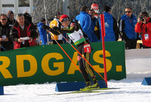 A woman stands on cross country skies, pictured from the side. She skies in an upright position leaning slightly forward onto her ski poles. She wears a red cap, a white and green jersey and black trousers and has a rifle on her back. An advertising board with ten people behind it can be seen in the background.