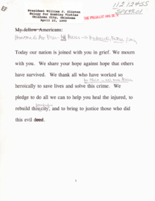 A document showing Bill Clinton's message to victims. Some of the typed text has been scribbled out and replaced with hand-written text.