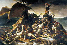 Painting of a raft surrounded by huge ocean waves with people crying for help, suffering and dying.