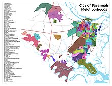 A map showing the existing City of Savannah neighborhoods.