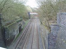 Railway line passes beneath the brick abutments of a wide bridge. The span of the bridge is missing, and the tops of the remaining parts of the bridge are overgrown with trees.