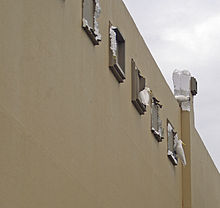 a number of white cockatoos are biting parts of the building wall, leaving chunks of polystyrene missing.