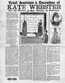 Printed sheet headlined "Trial Sentence and Execution of Kate Webster", with sketches of the execution, Webster and Thomas above a lengthy printed description of the case