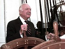 Walter Cronkite steering a ship