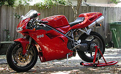 Ducati 996 resting on a rear wheel stand