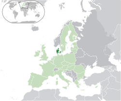 Location of  Denmark  (dark green)– in Europe  (green & dark grey)– in the European Union  (green)  —  [Legend]