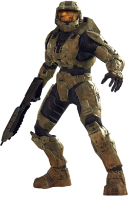 The top half of the article subject, a soldier encased in worn metal armor. He carries a black weapon resting on his shoulder, and wears a helmet with a reflective visor.