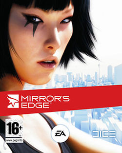 An asian woman's face occupies the foreground. She has two long black triangles extending from beneath her right eye, presumably tattoos. She is wearing a black shirt. The white buildings of a city are visible in the background, seen from altitude. The title "Mirror's Edge" lies within a red band that crosses the lower half of the image. Three production company logos are at the bottom of the image.