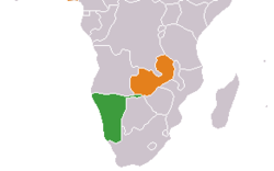Map indicating locations of Namibia and  Zambia