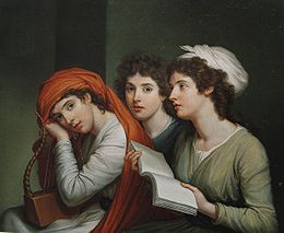 Baroque oil-portrait. From the waist up: three clothed female figures in profile. She who sits to our left holds a classical lyre, she to our right, an open book of unlined writing paper. These sit shoulder-to-shoulder with the centre figure behind; only her head and neck are visible.