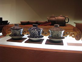 Chinese tea set and three gaiwan.jpg