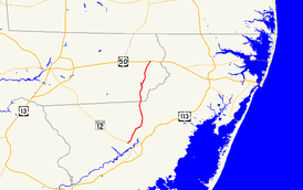 A map of the northern part of the lower Eastern Shore of Maryland showing major roads.  Maryland Route 354 runs from near Snow Hill north to Willards.