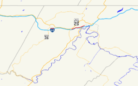 A map of western Allegany County, Maryland showing major roads.  Maryland Route 49 is the local road connecting La Vale and Cumberland over Haystack Mountain.