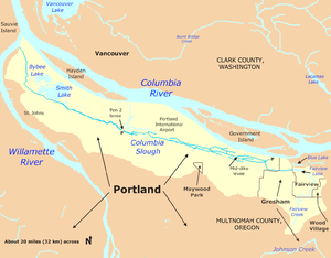 Much longer than wide, the Columbia Slough watershed extends along the Columbia River to the north from Wood Village and Fairview on the east to the Willamette River in Portland on the west. It extends south into north Portland, Maywood Park, and north Gresham.