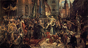 May 3rd Constitution, by Matejko (1891). King Stanisław August (left) enters St. John's Cathedral, where deputies will swear to uphold the Constitution. Background: Warsaw's Royal Castle, where it has just been adopted.