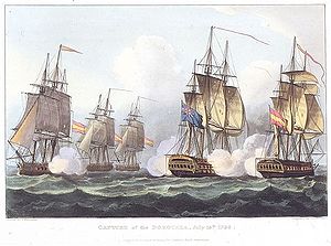 A two decked ship fires from both sides as it is surrounded by four smaller ships, three on one side and one on the other