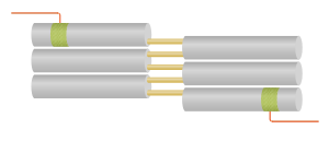 A chain of six thin cylindrical resonators with piezoelectric transducers at either end. The resonators are arranged in a compact zigzag pattern. Two coupling rods are attached to one end of each resonator, except for the first and last which have only one each. The other end of these two rods are attached to the resonator either side. Transducers on the first and last resonator are of the type in figure 4b.
