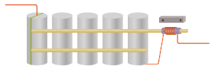 A chain of five upright cylindrical resonators. They are coupled together with two horizontal rods both attached to the same side of the resonators. The input transducer is of the type in figure 4c and the output transducer is of the type in figure 4a. This last has a small bias magnet nearby.