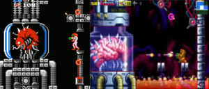 Two screens, one next to the other; both depict the same scene, but with different quality. A sentient brain floats in a glass-protected chamber, while a person in a powered exoskeleton shoots missiles at it.