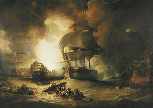 On a choppy sea, a large warship burns out of control. The central ship is flanked by two other largely undamaged ships. In the foreground two small boats full of men row between floating wreckage to which men are clinging.
